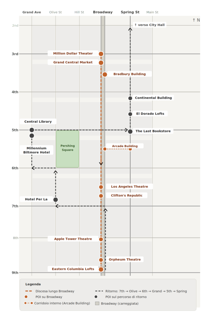 Mappa dettagliata dell'itinerario nell'Historic Core di Downtown Los Angeles
